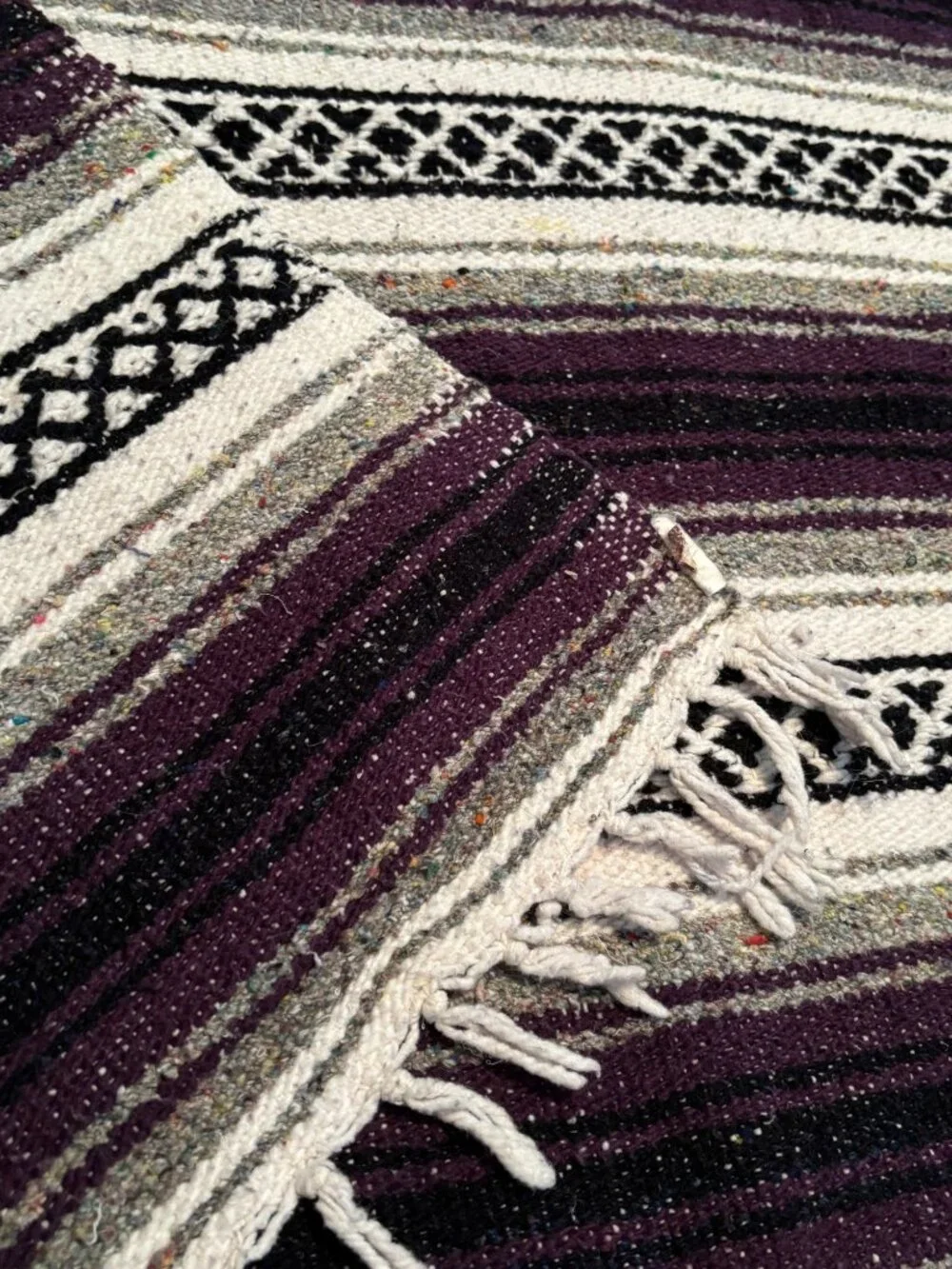 Mexican Serape Blanket Rug With Fringe Purple & Cream Stripes 43